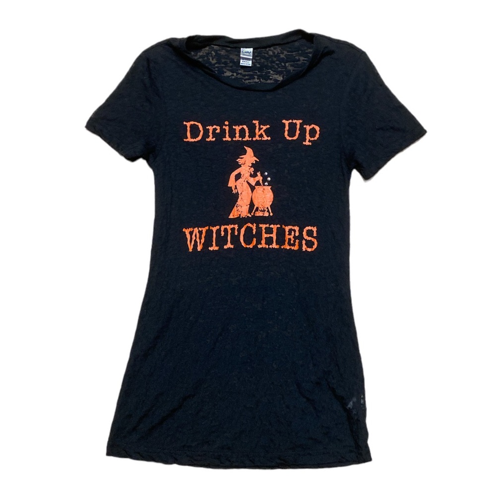 Drink Up Witches T Shirt Women’s S Halloween Graphic Short Sleeve Top Cauldron